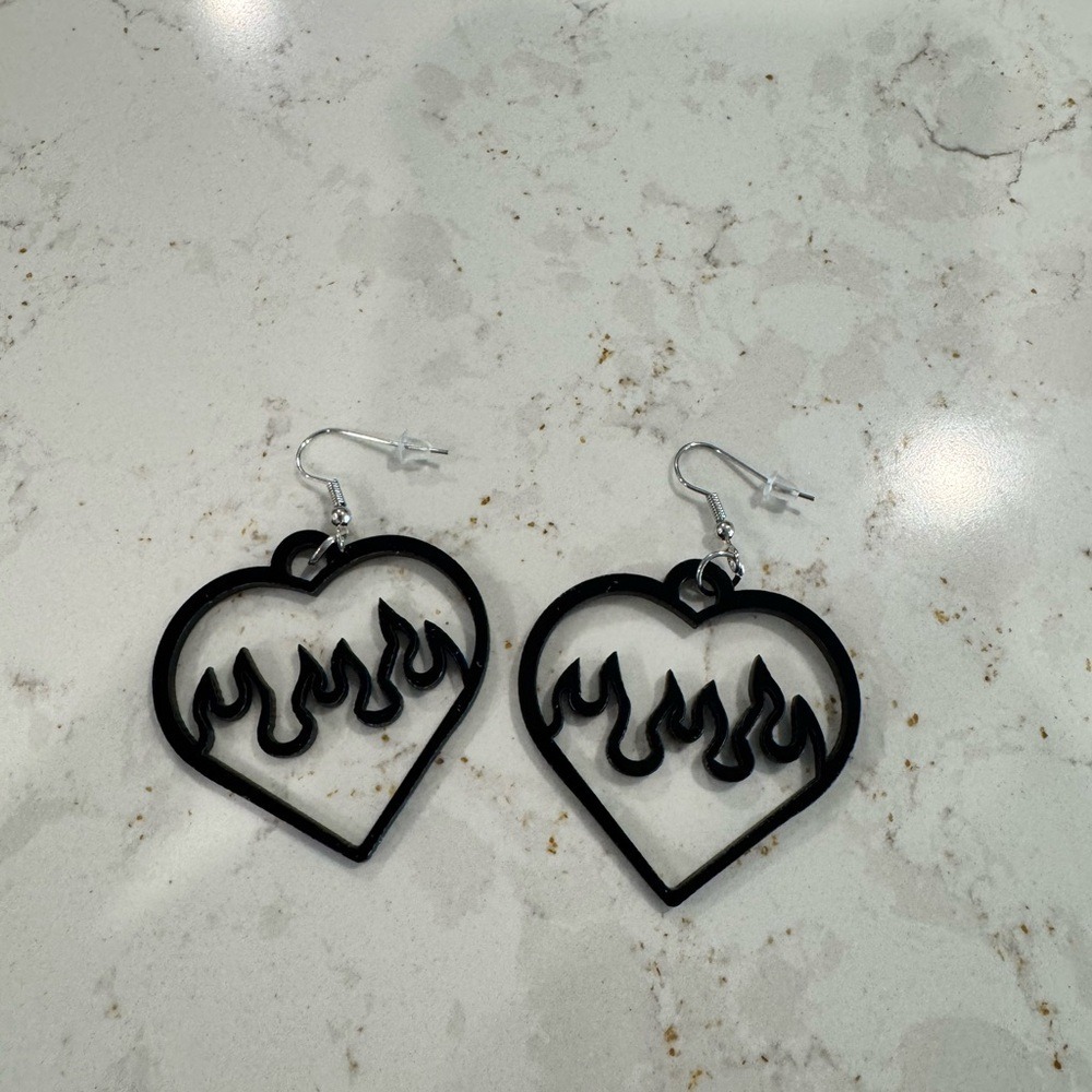 Goth Chic Black Heart Flame Valentines Earrings Dangle Drop Statement Punk Rock